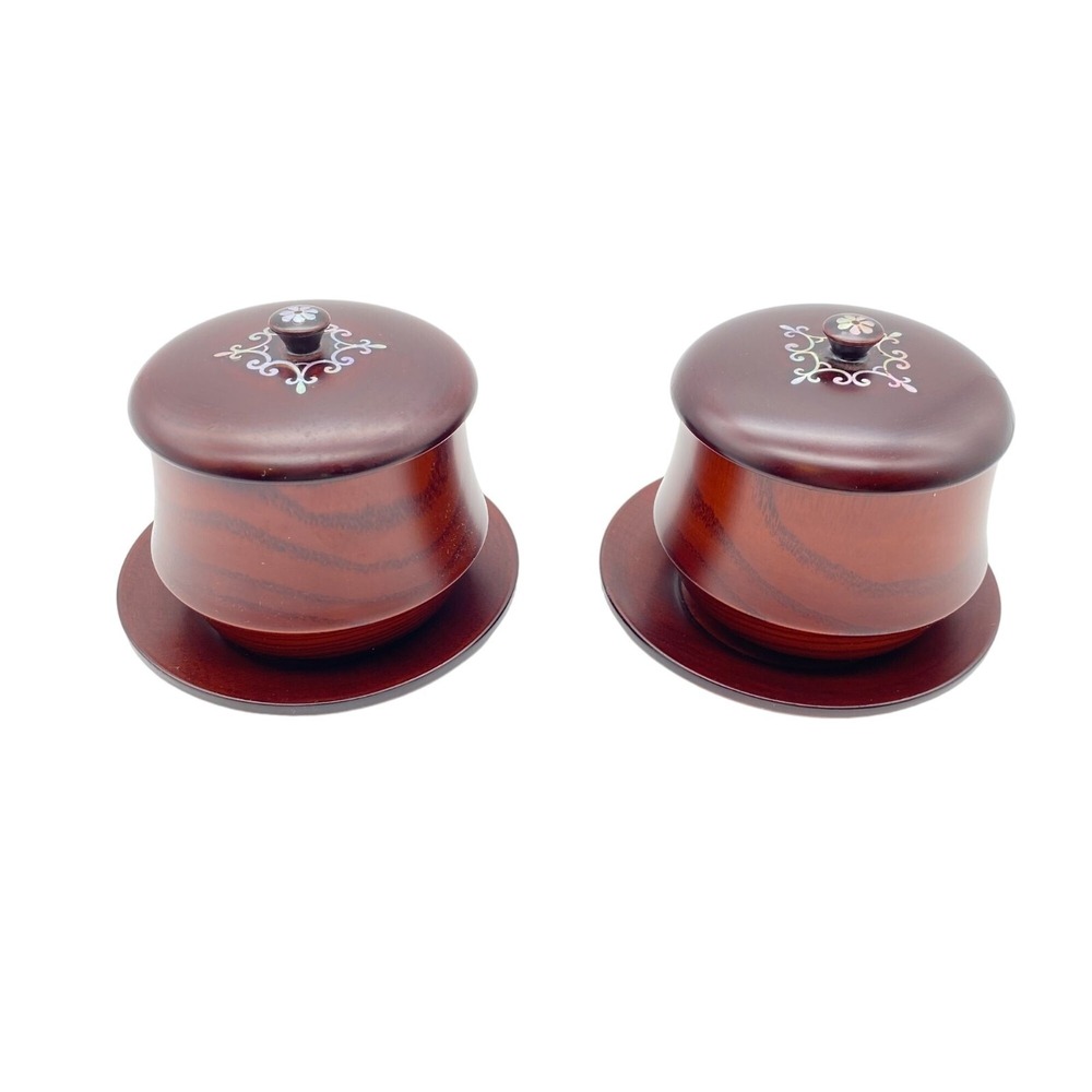 Wooden lidded vanity trinket dish jar Mother of pearl inlay mahogany turned poli
